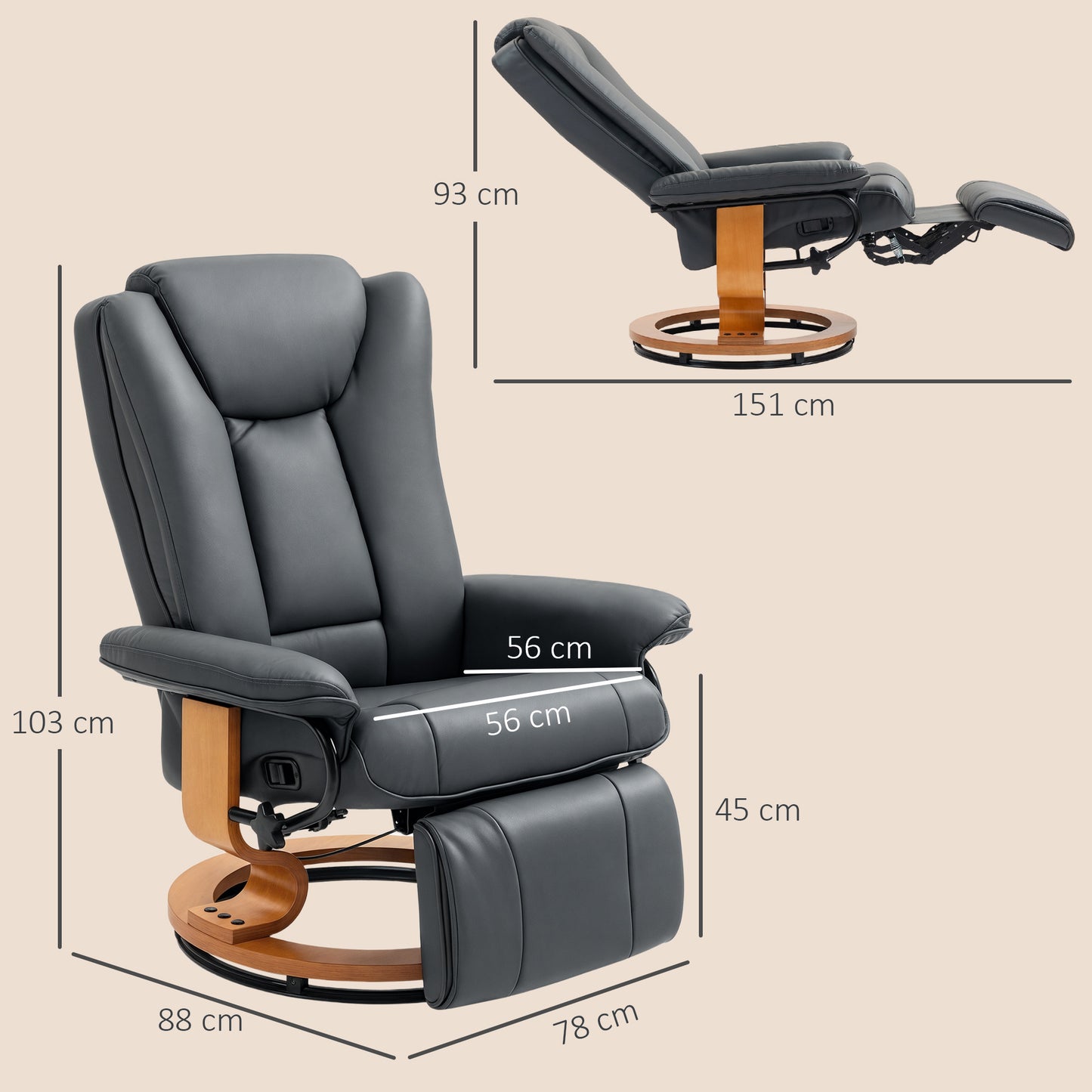 HOMCOM Relaxsessel mit Liegefunktion, drehbar, bis 150 kg, Kunstlederbezug, Stahlrahmen, Dunkelgrau