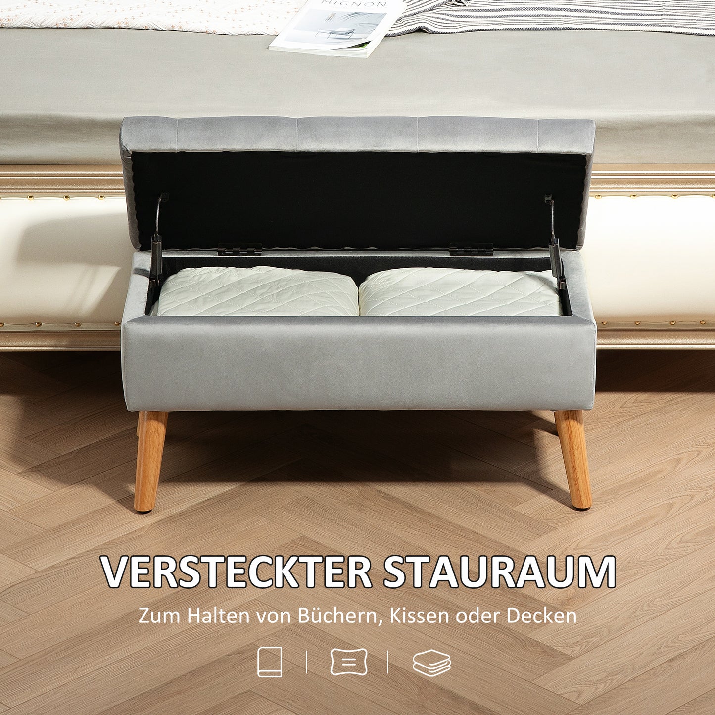 HOMCOM Polsterbank mit Stauraum, Stoffbezug in Samtoptik, Holzbeine, für Wohnzimmer, Schlafzimmer, Flur, 80 x 35 x 42 cm, Grau