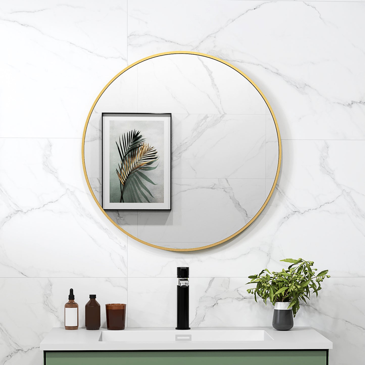 HOMCOM 70 x 70 cm runder Badezimmerspiegel, Wandmontage, goldfarbener Rahmen