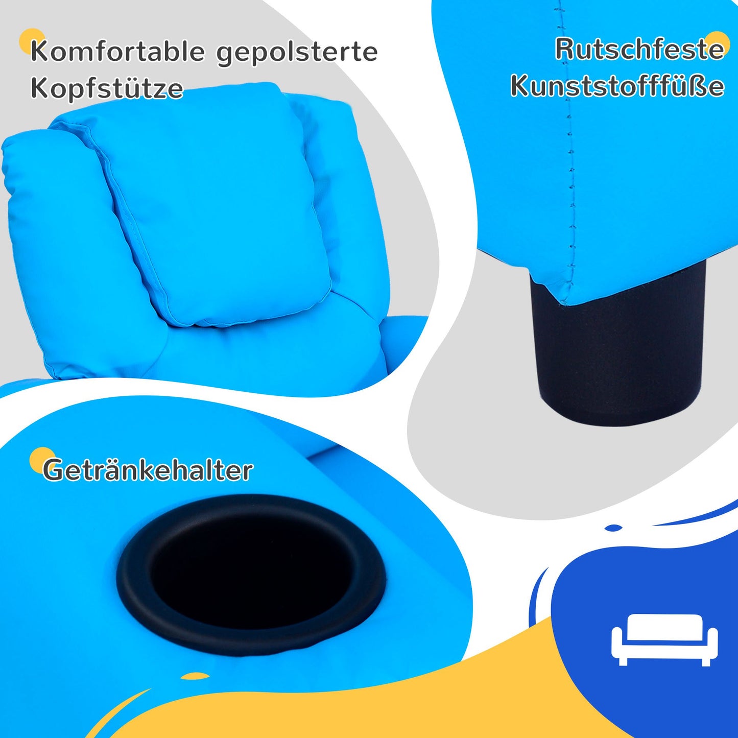 HOMCOM Kindersessel mit neigbarer Rücklehne 62 x 52 x 69cm Massivholzrahmen Blau