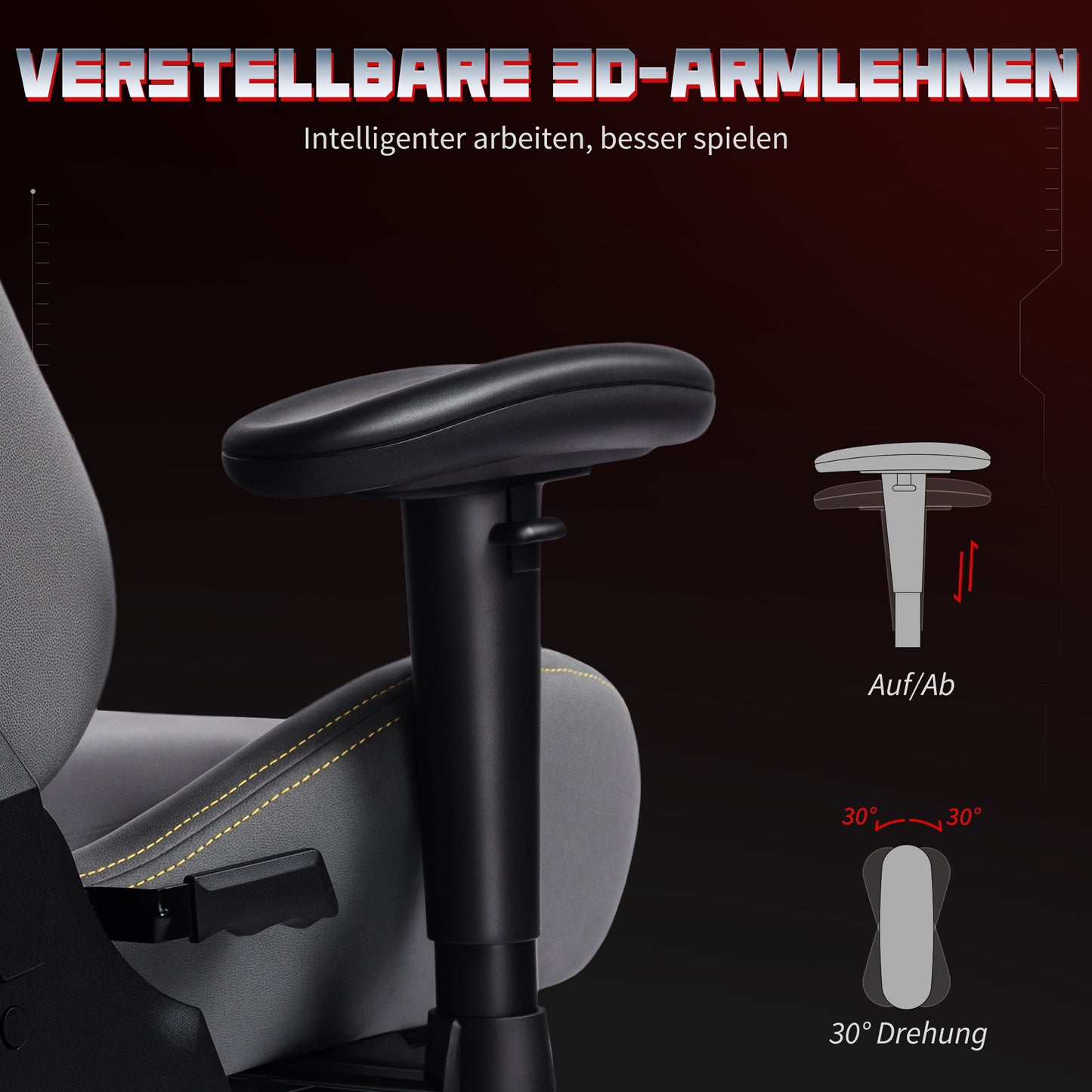 HOMCOM Ergonomischer Gaming-Stuhl med 3D-Armlehnen, verstellbar, rollbarer Schreibtischstuhl mit Lendenstütze, Grau