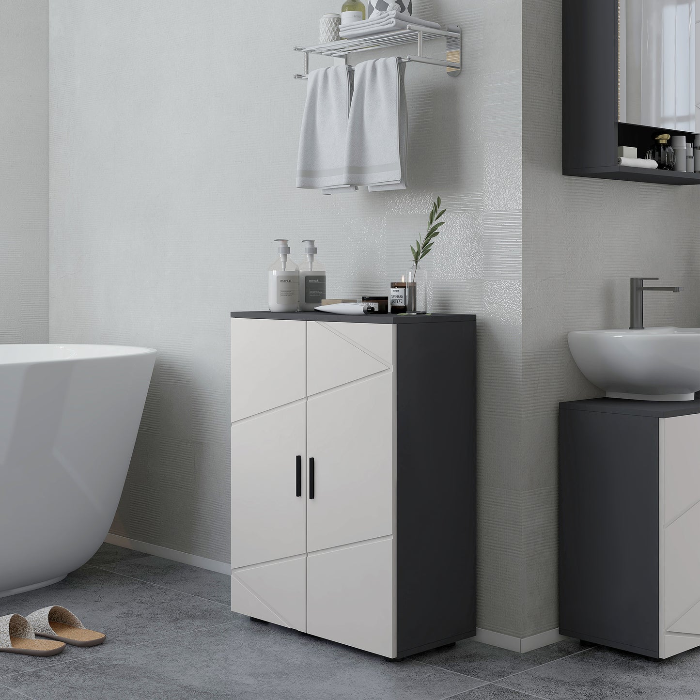 kleankin Badezimmerschrank, Badkommode, verstellbare Regale, bis zu 25 kg belastbar, Grau