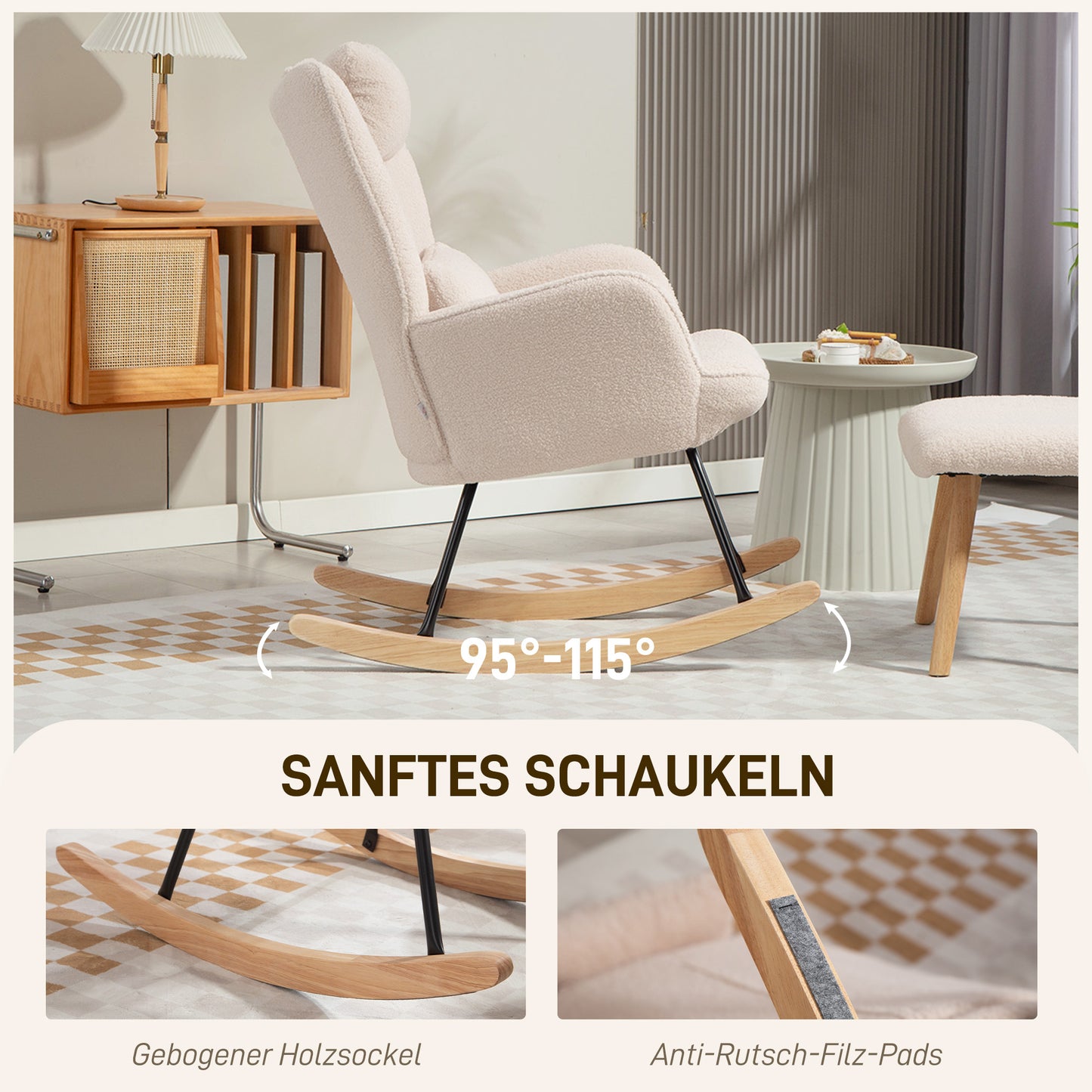 HOMCOM Schaukelstuhl mit Fußhocker, weicher Fleece-Bezug, Holzbeine, Kissen, hohe Rückenlehne, Schaukelsessel, Beige