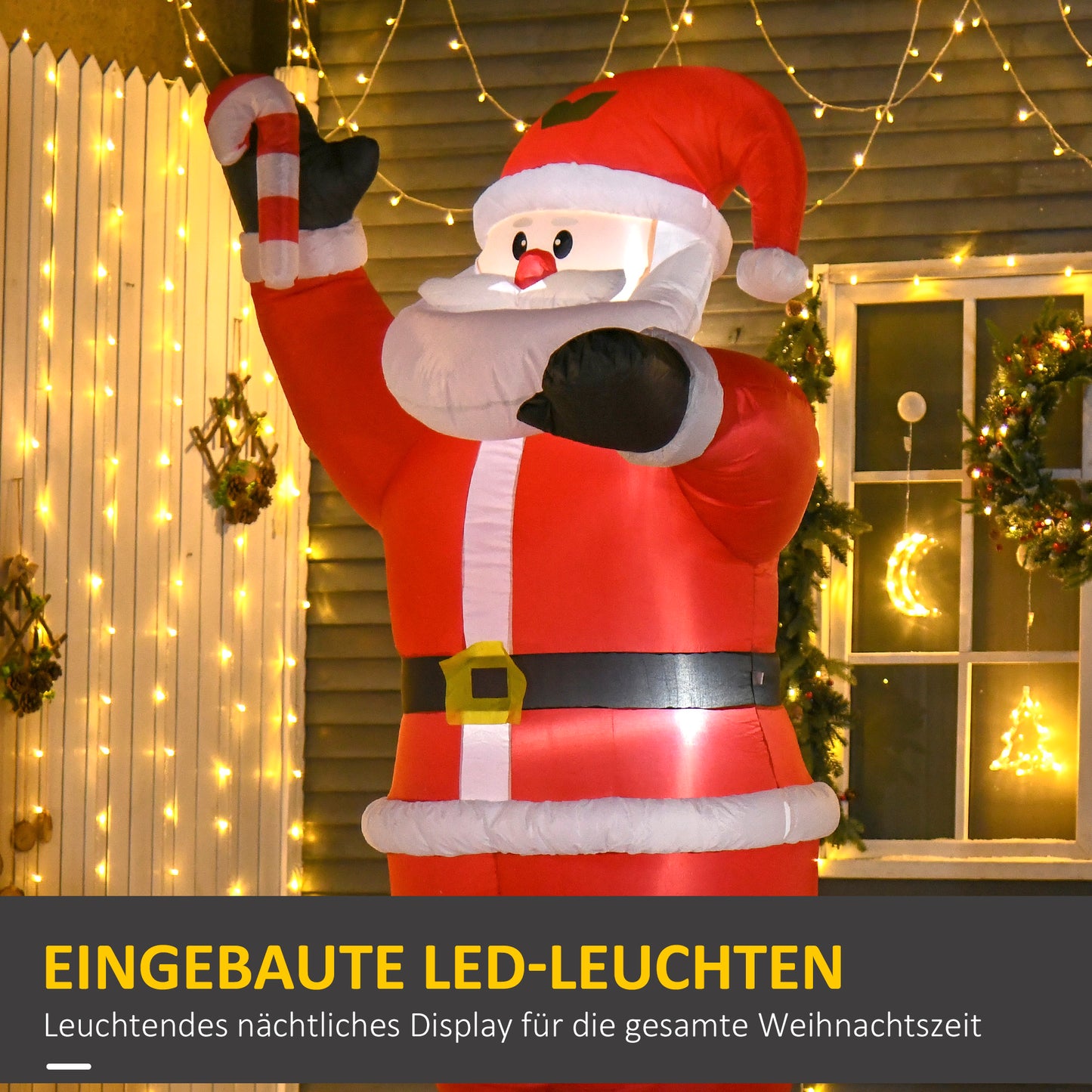 HOMCOM Aufblasbar Weihnachtsdeko, 2,4 m Weihnachtsmann mit LED-Beleuchtung, Zuckerstange