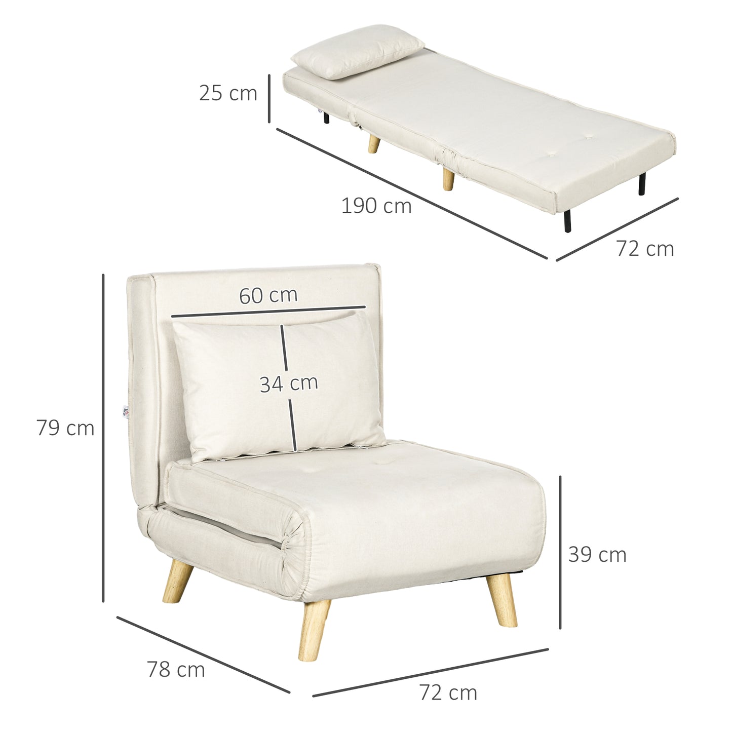 HOMCOM Schlafsessel, 6-stufig verstellbare Lehne, Leinenoptik, bis 120 kg, Creme