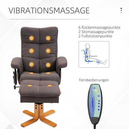 HOMCOM Relaxsessel mit Fußhocker, Stauraum, Elektrischer Massagesessel mit Liegefunktion, Drehbarer Fernsehsessel mit Seitentasche, Fernbedienung, Holzrahmen, Polyester, Braun