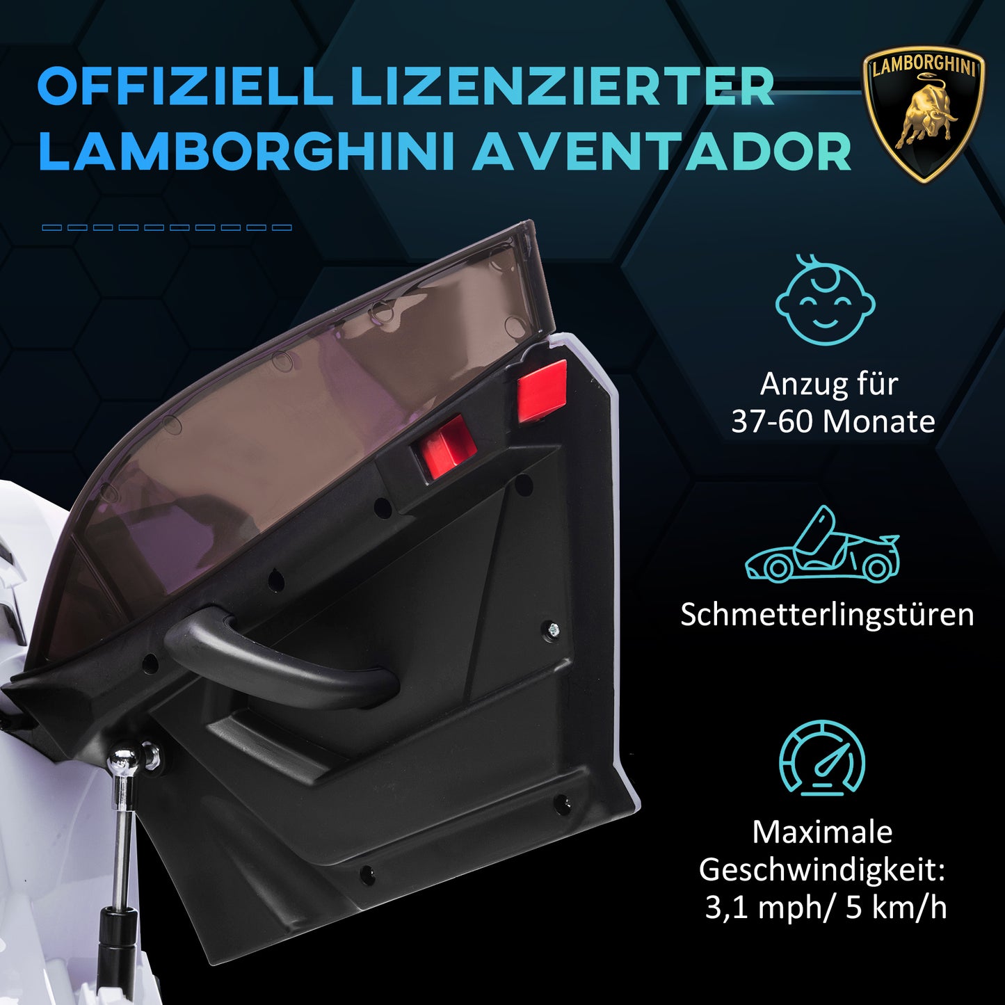 HOMCOM Elektro-Kinderauto, lizenzierter Lamborghini Aventador, Flügeltüren, Musik, Hupe, für 3-5 Jahre, Weiß