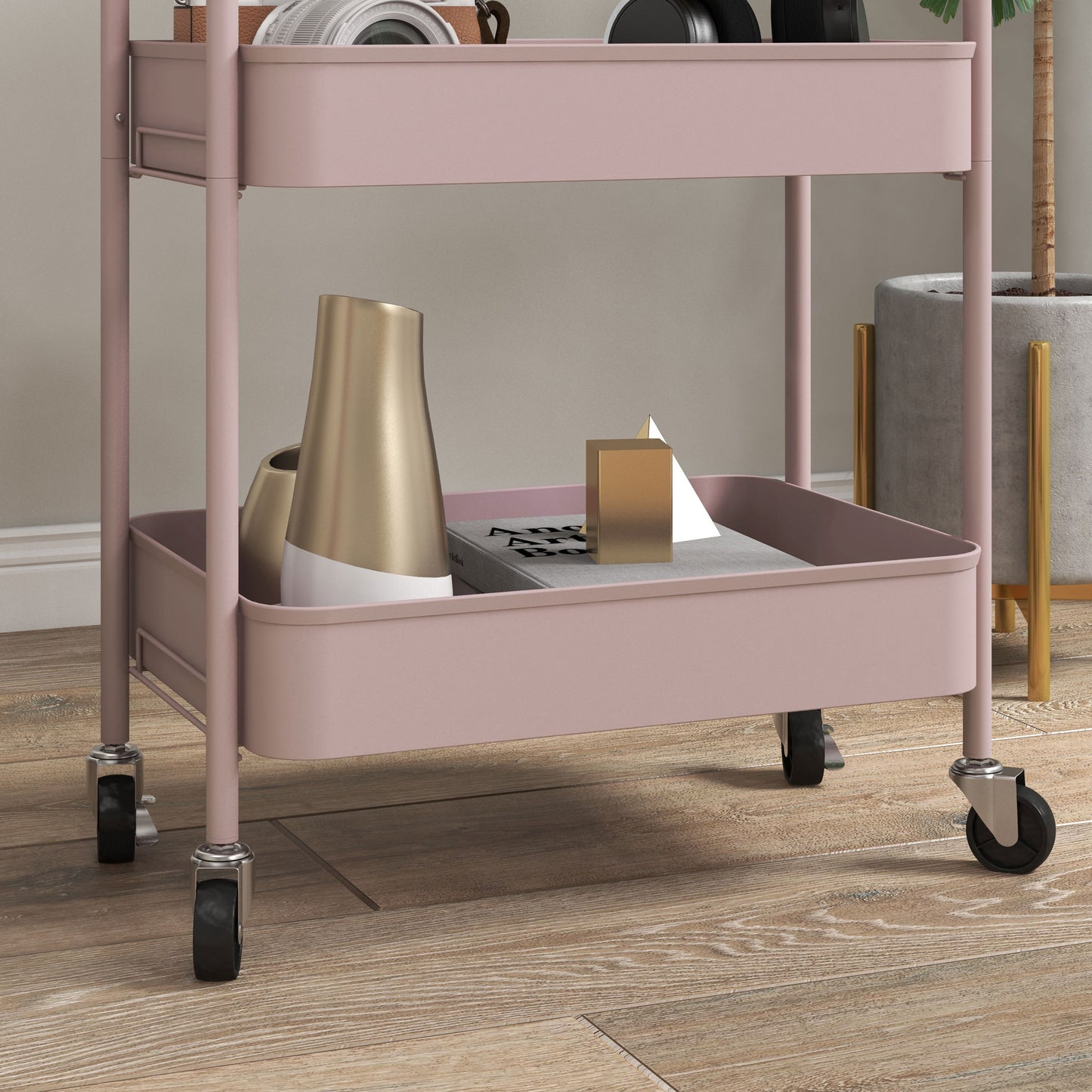 HOMCOM Mehrzweckwagen Rollwagen Küchenwagen, 3 Regale, 4 Rollen, 45 cm x 30,6 cm x 79 cm, Rosa