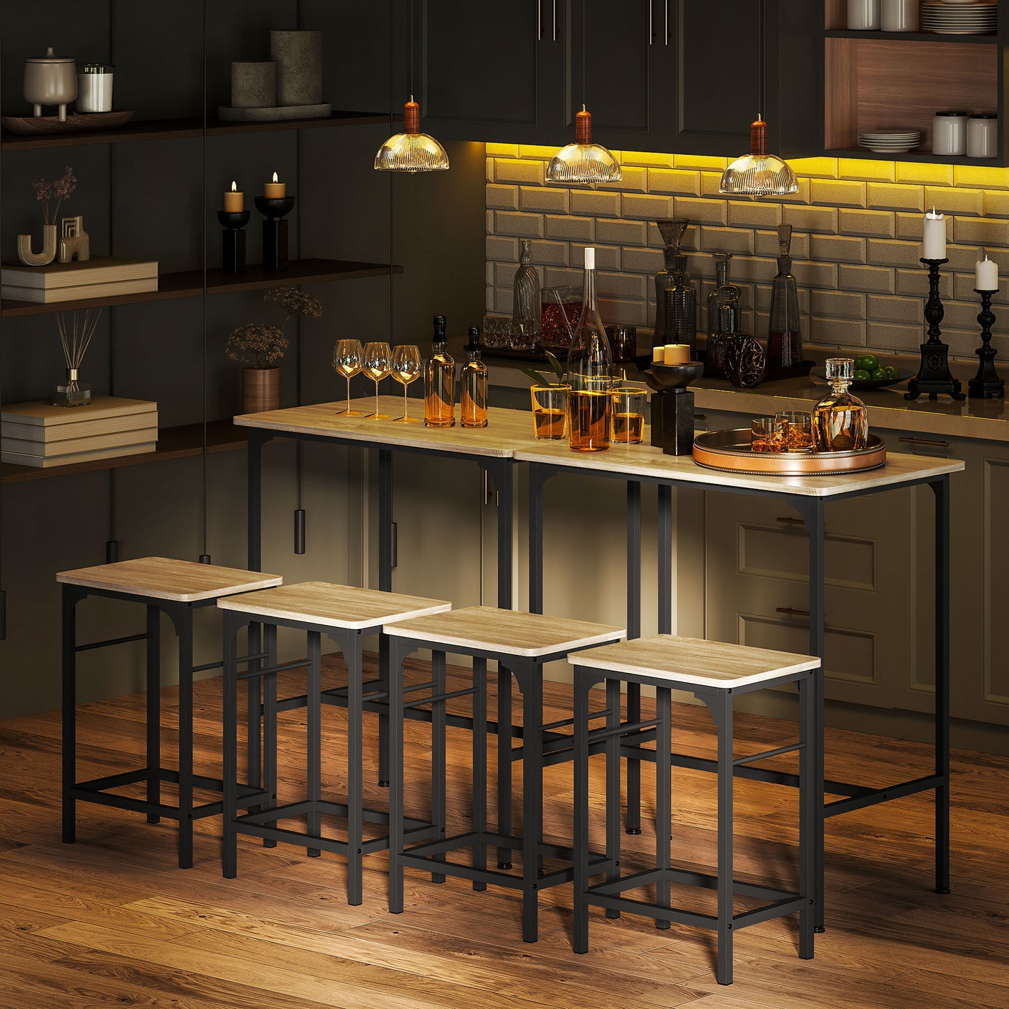 HOMCOM Bartisch Set Bartisch mit Barhocker-Set Esstisch mit 2 Stühlen mit Rutschfestem Fußpolster Naturholz