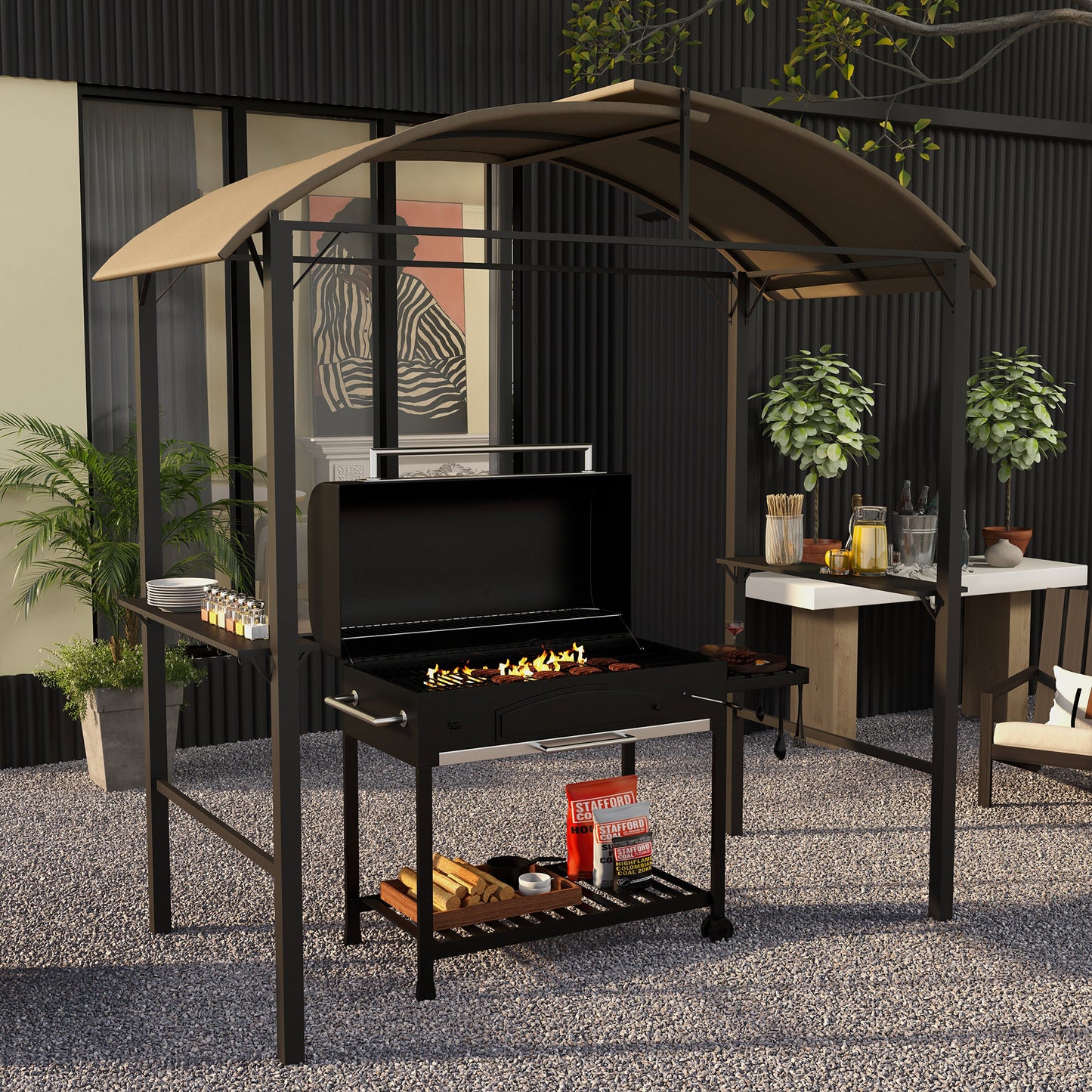 Outsunny Grillpavillon, 2 Seitenablagen, Haken, Stahlrahmen, 1,1 x 2,3m, Khaki