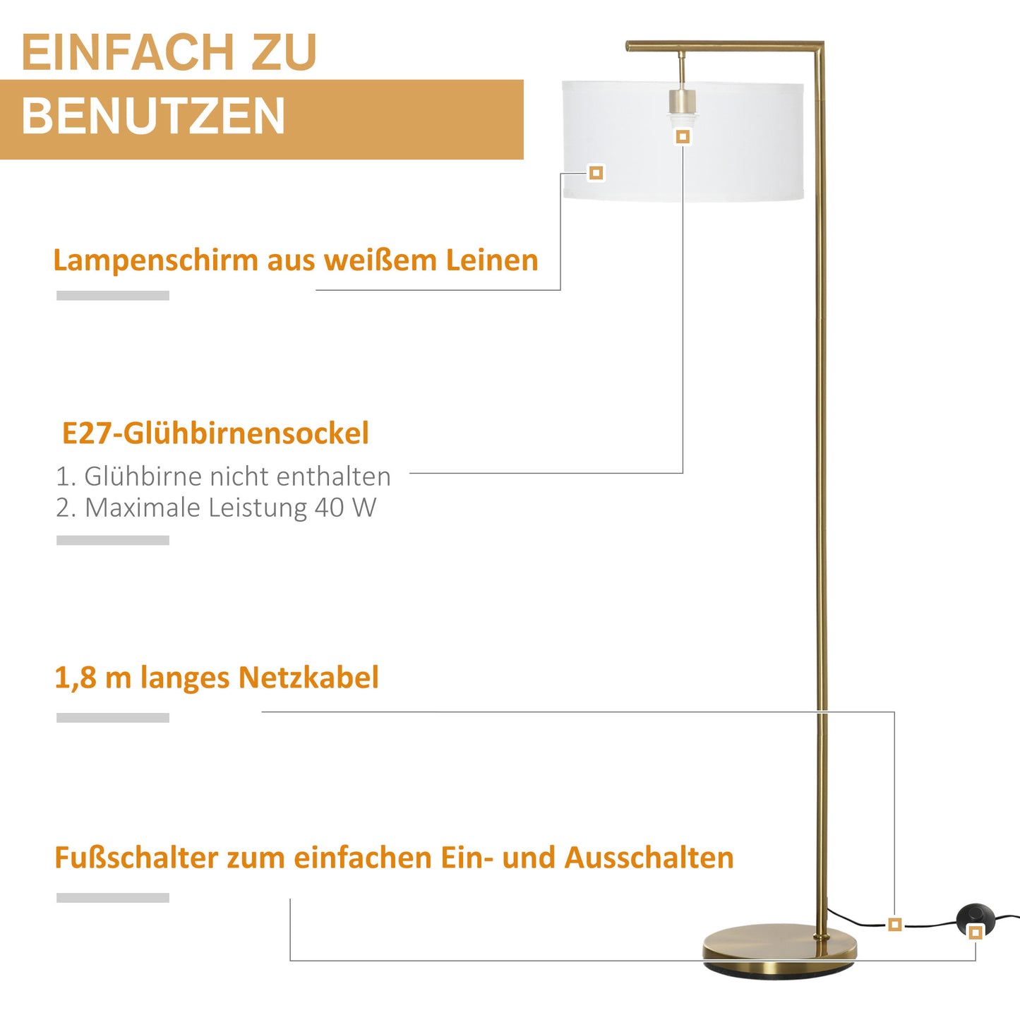 HOMCOM Stehleuchte, Stehlampe, E27 Sockel, Goldoptik, weißer Stoffschirm, Fußschalter, Stahl, 47 x 37 x 153 cm