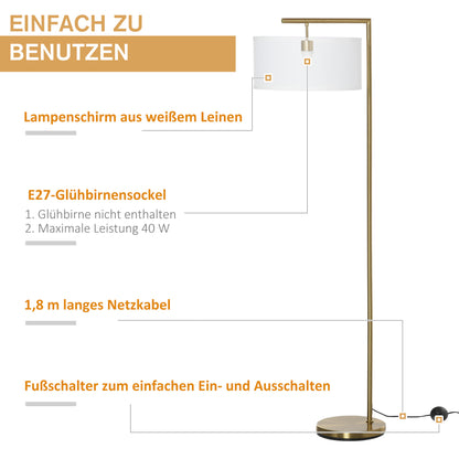 HOMCOM Stehleuchte, Stehlampe, E27 Sockel, Goldoptik, weißer Stoffschirm, Fußschalter, Stahl, 47 x 37 x 153 cm