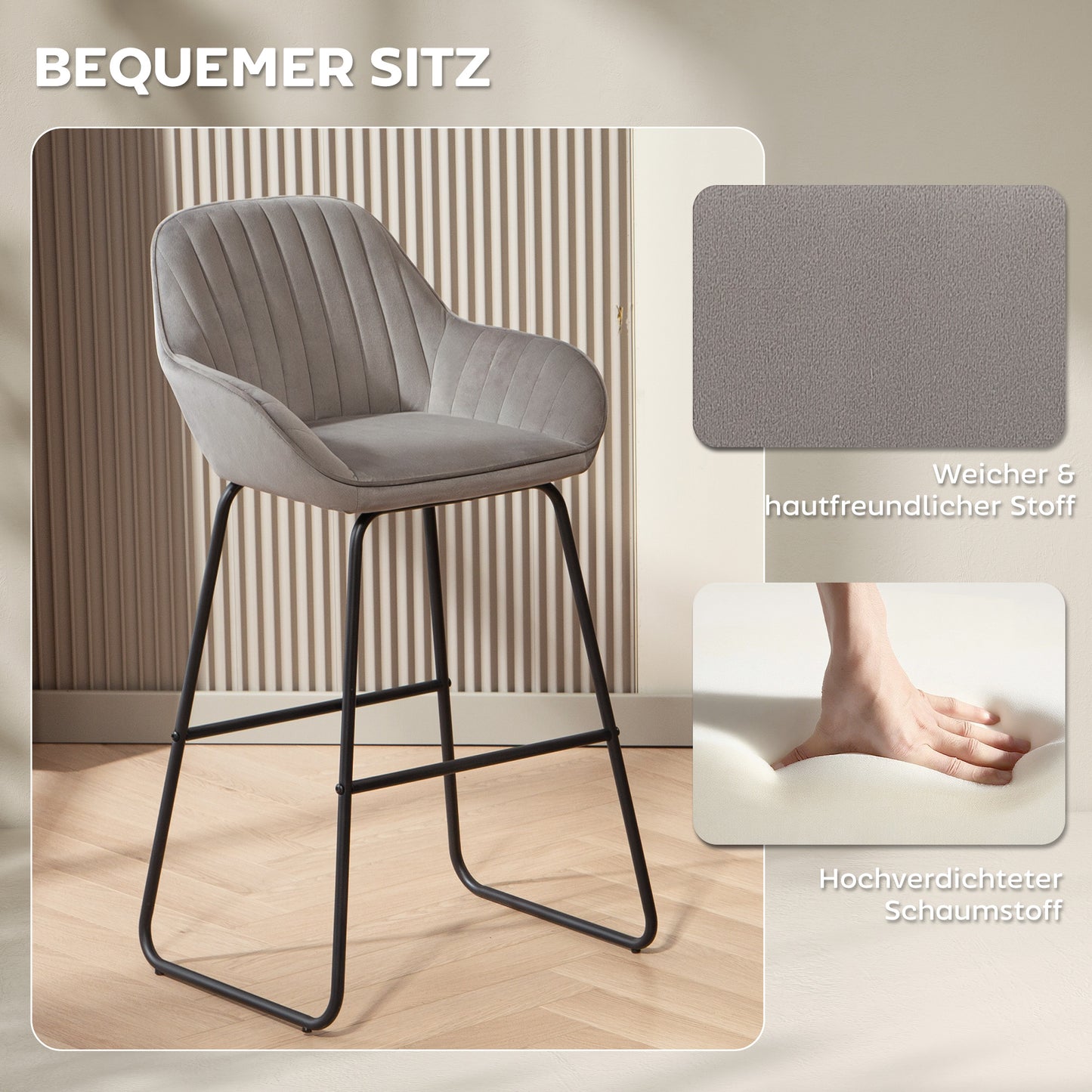 HOMCOM 2er-Set Barstühle، Barhocker mit Stoffbezug und Schaumstoffpolsterung، Polsterhocker mit Metallbeinen، Grau