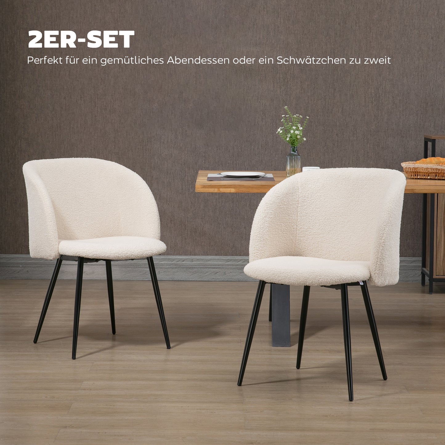 HOMCOM 2er-Set Esszimmerstühle, Polsterstühle mit Stoffbezug, Küchenstühle mit Stahlbeinen, gewölbte Rückenlehne, Cremeweiß