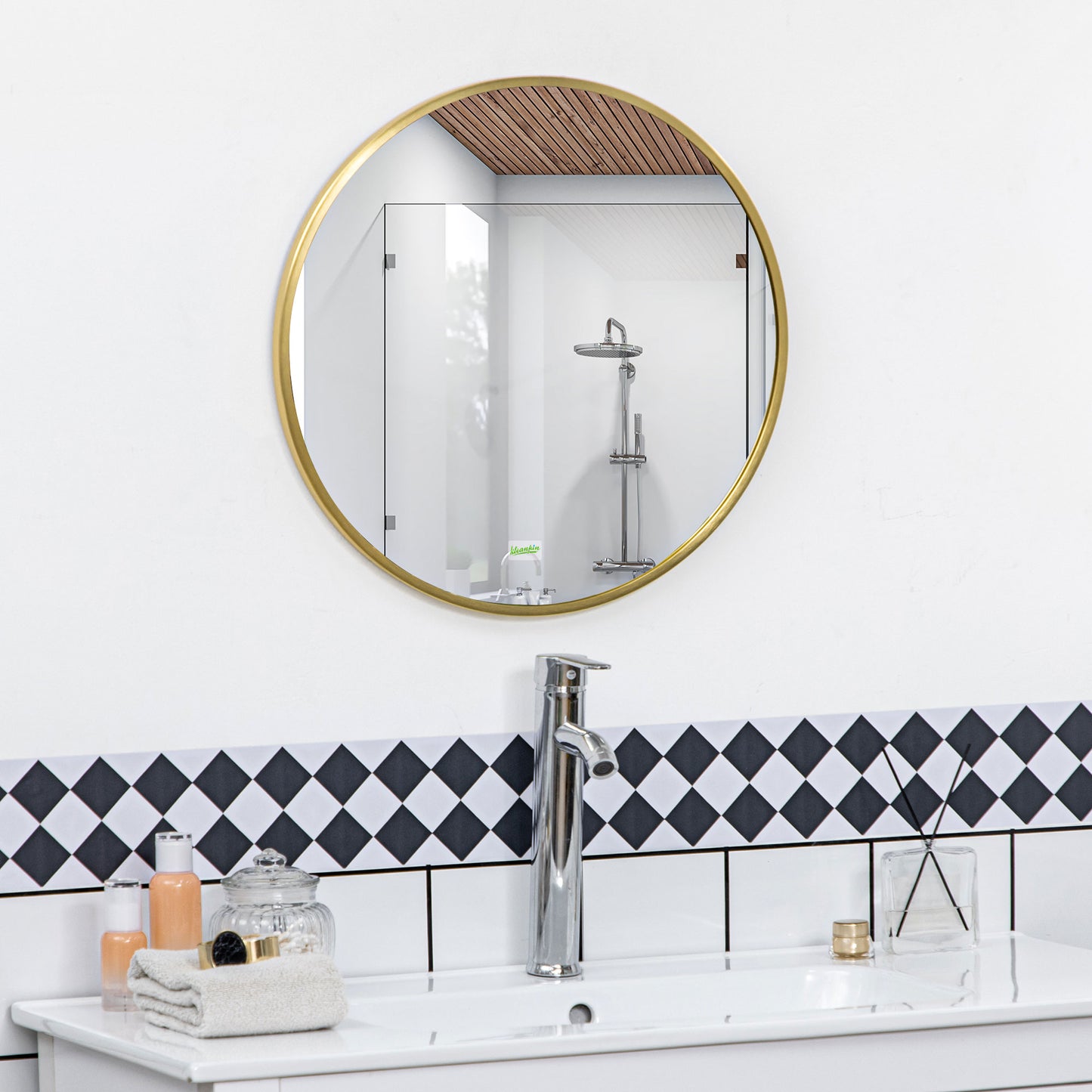 kleankin Runder Wandspiegel für Bad, Schlafzimmer, Flur, Metallrahmen, Farbe: Gold, Ø50 cm