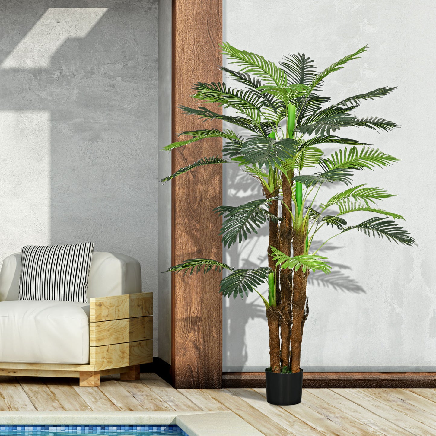 HOMCOM Künstliche Palme, 1,6 m, realistische Zweige, Dekorationspflanze, Kunststoff, mit Topf, Braun+Grün