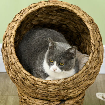 PawHut Rattan Katzenkorb Katzenhöhle Katzenhütte Katzenbett mit Kissen Haustierbett Wasserhyazinthe Braun 40 x 37 x 51 cm