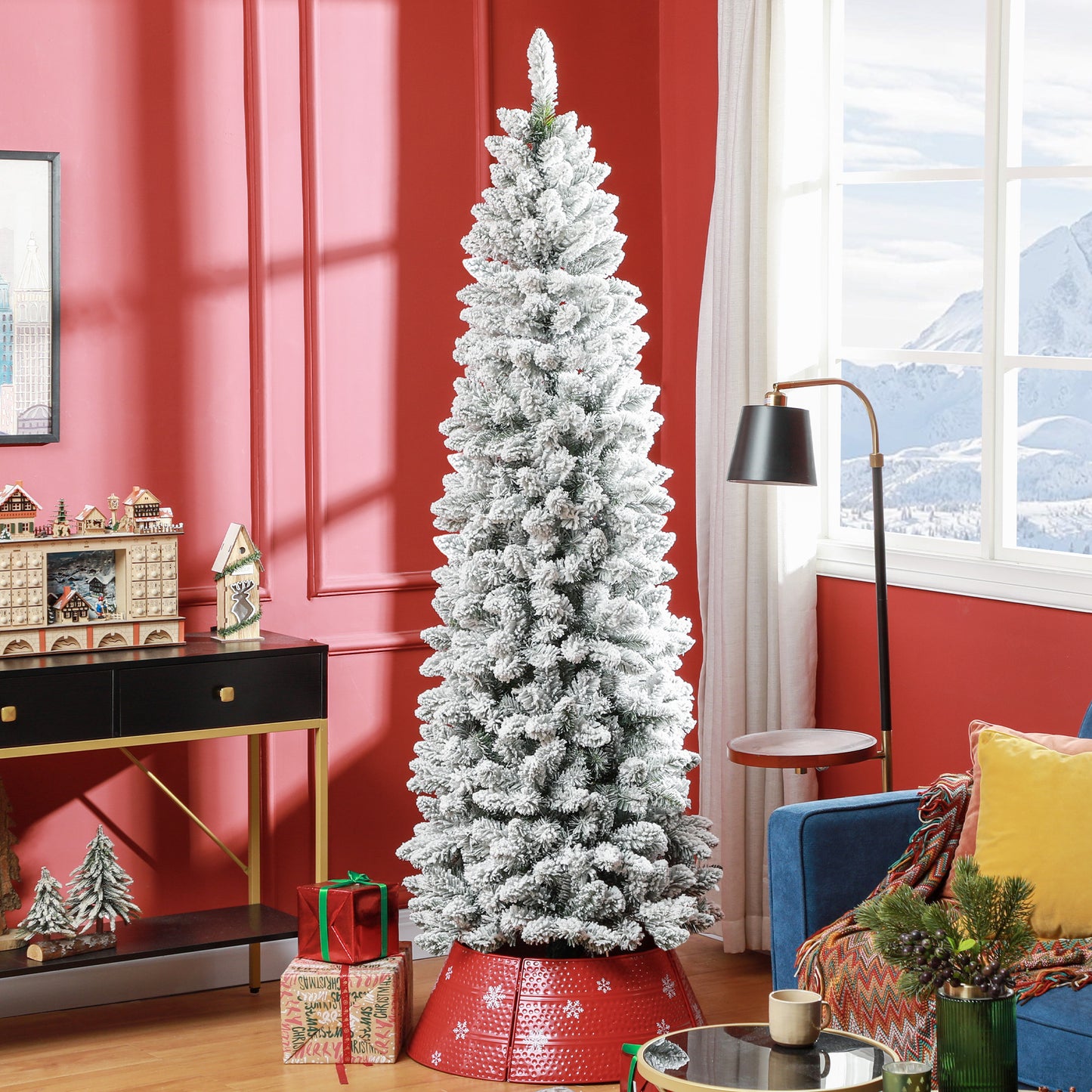 HOMCOM Künstlicher Weihnachtsbaum, flammenhemmend, mit Kunstschnee, schlank, Stahlfuß, 75 x 210 cm, Grün