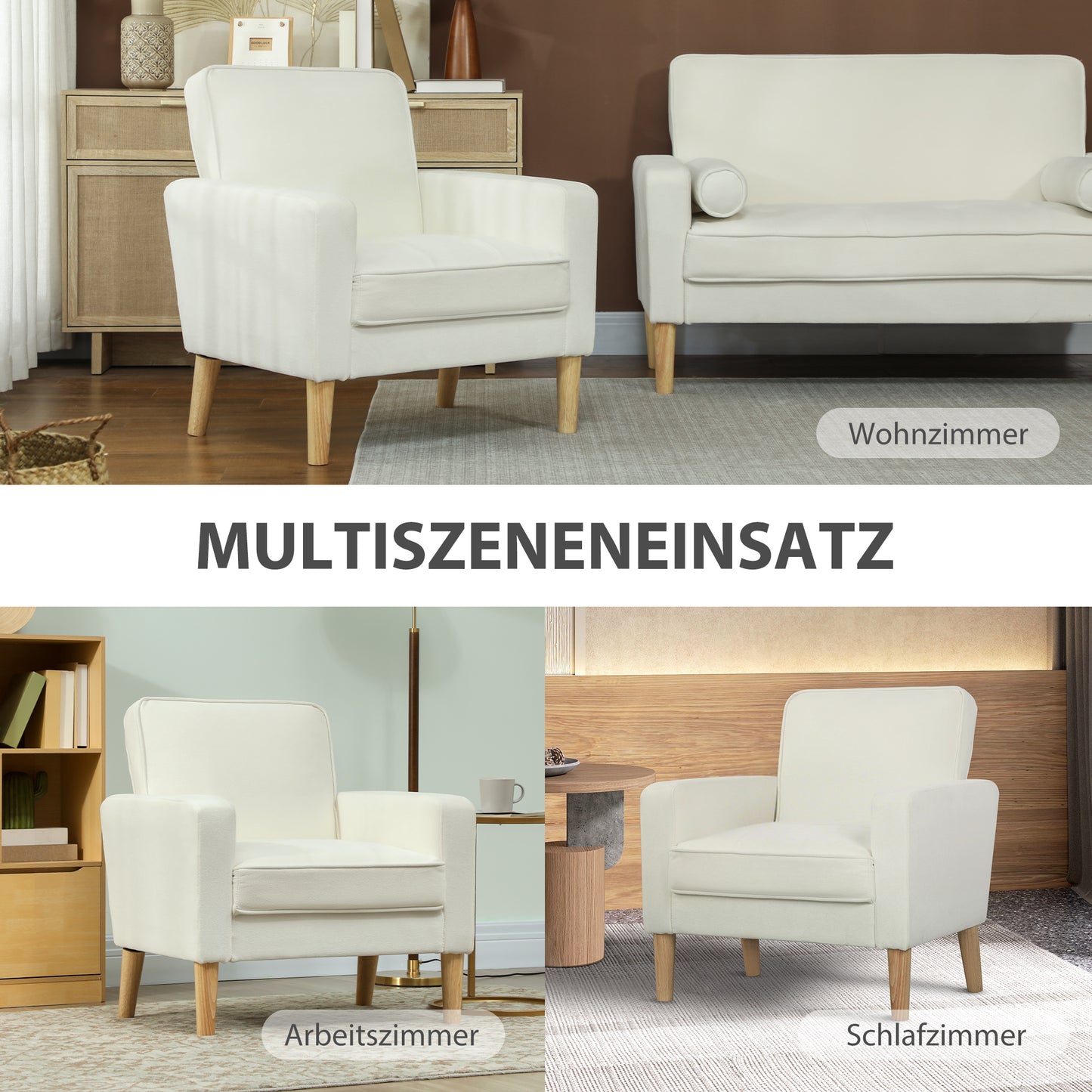 HOMCOM Polstersessel mit Armlehnen, Neigbare Rückenlehne, Kautschukholzbeine, Cremeweiß