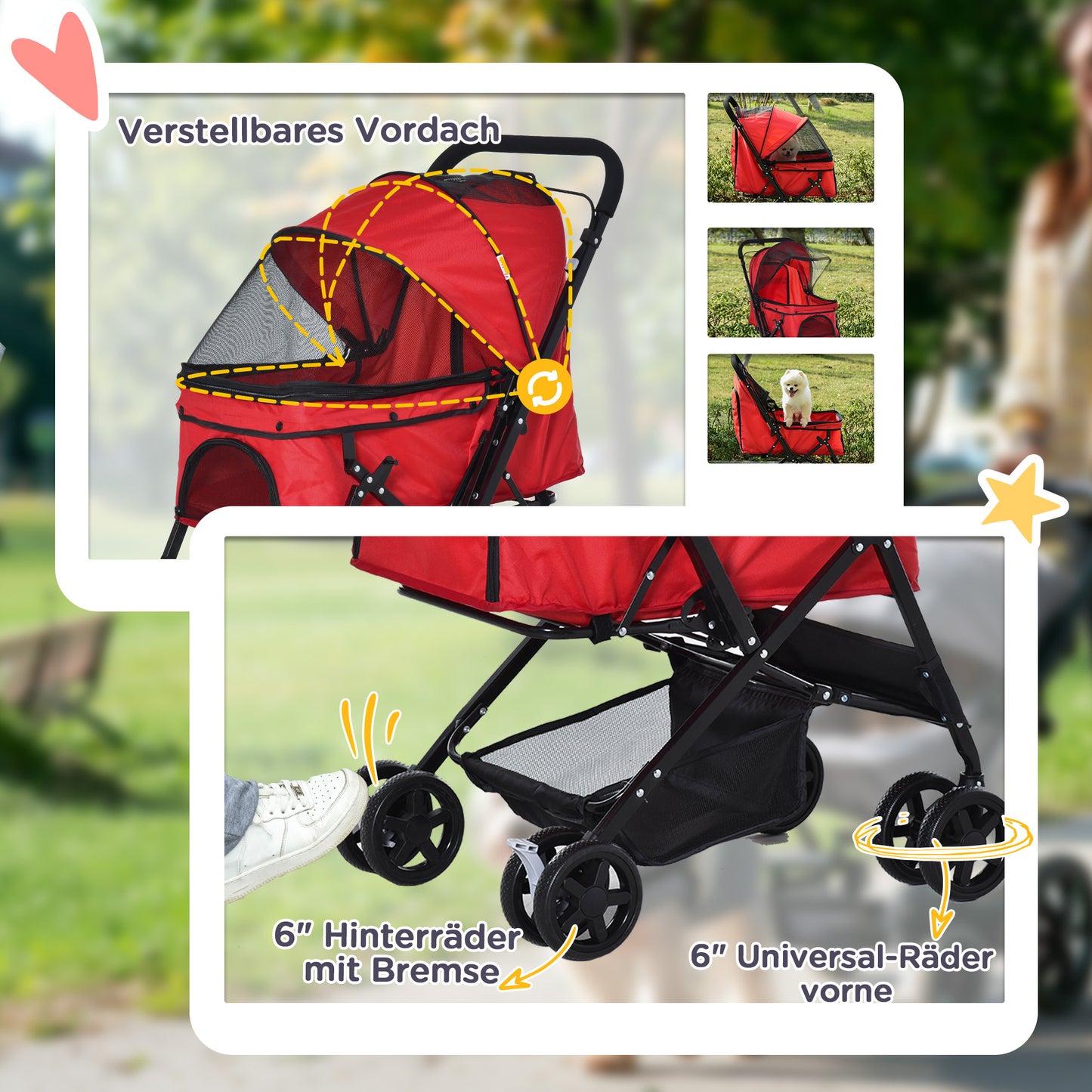 PawHut Hundebuggy Hundewagen bis 10kg klappbar verstellbares Vordach Oxford Rot 76,5 x 52 x 95 cm