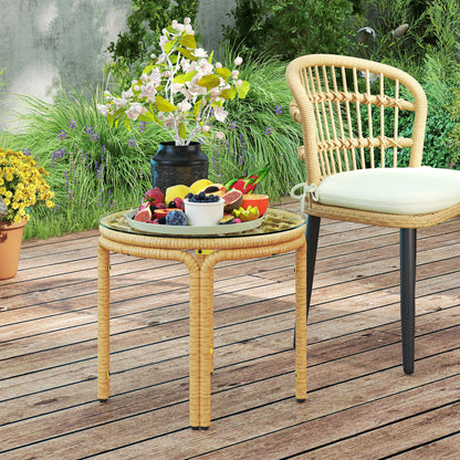 Outsunny Beistelltisch aus Polyrattan runder Couchtisch mit Glas Tischplatte Nachttisch Ø50 cm Gelb
