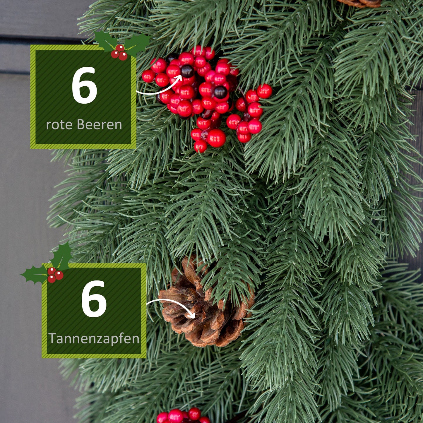 HOMCOM Tannenkranz Türkranz Weihnachtskranz Rückseite mit aufhänge Öse PE Grün Ø60 x 8 cm