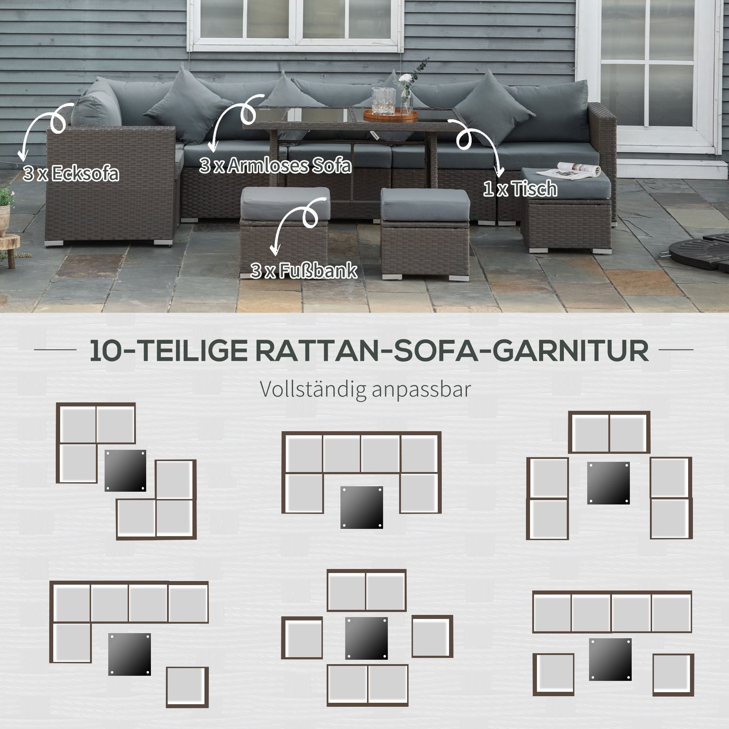 Outsunny 10-tlg. Gartengarnitur in Rattanoptik, mit Sitz- und Rückenkissen, rostfreier Metallrahmen, dunkelgrau