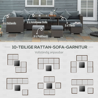 Outsunny 10-tlg. Gartengarnitur in Rattanoptik, mit Sitz- und Rückenkissen, rostfreier Metallrahmen, dunkelgrau