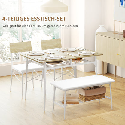 HOMCOM 4-teiliges Esstisch-Set mit Stühlen und Bank für 4 Personen, gepolsterte Sitze, Stahlrahmen, Holz, Eiche