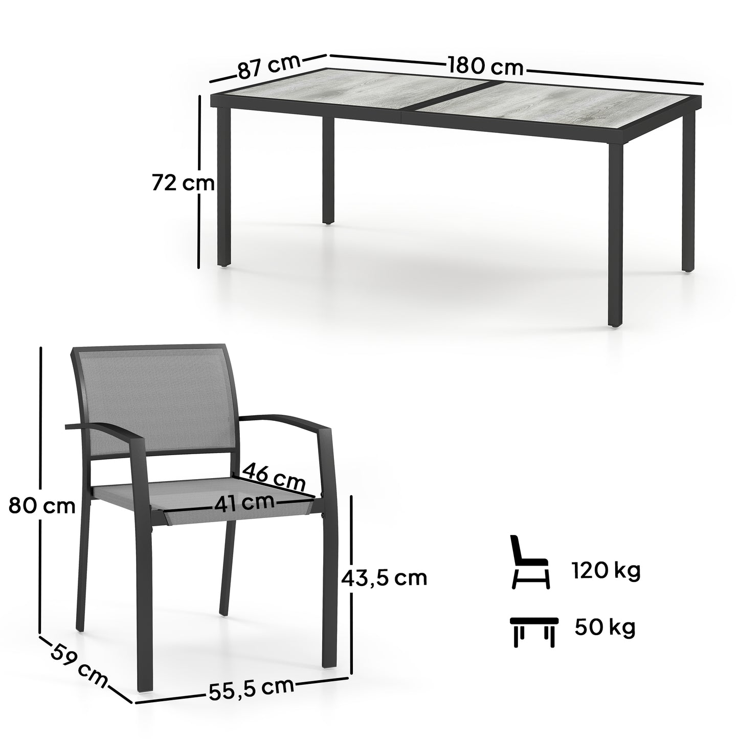 Outsunny 7-teiliges Ess-Set, 6 Stühle, 1 Tisch, stapelbar, leicht zu reinigen, Stahlrahmen, Gartenmöbel-Set, Grau