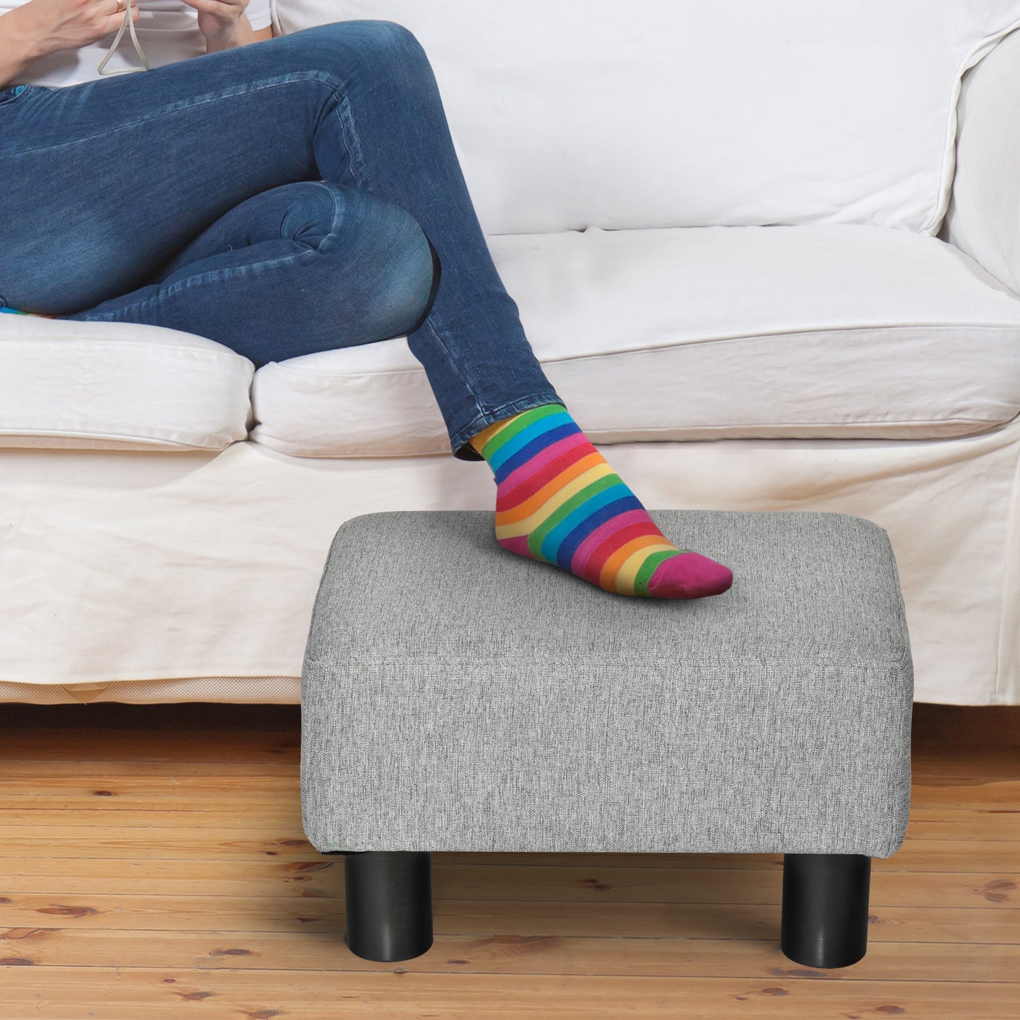 HOMCOM Hocker mit Stoffbezug in Leinenoptik, bis 110 kg, hellgrau, 40 x 30 x 24cm