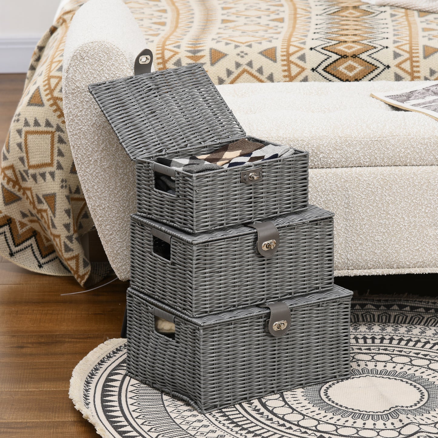 HOMCOM 3er-Set Aufbewahrungskörbe aus PE- Rattan, mit Verschluss, Tragegriffen, 35,5 cm x 28,5 cm x 18 cm, Grau