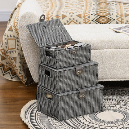 HOMCOM 3er-Set Aufbewahrungskörbe aus PE- Rattan, mit Verschluss, Tragegriffen, 35,5 cm x 28,5 cm x 18 cm, Grau