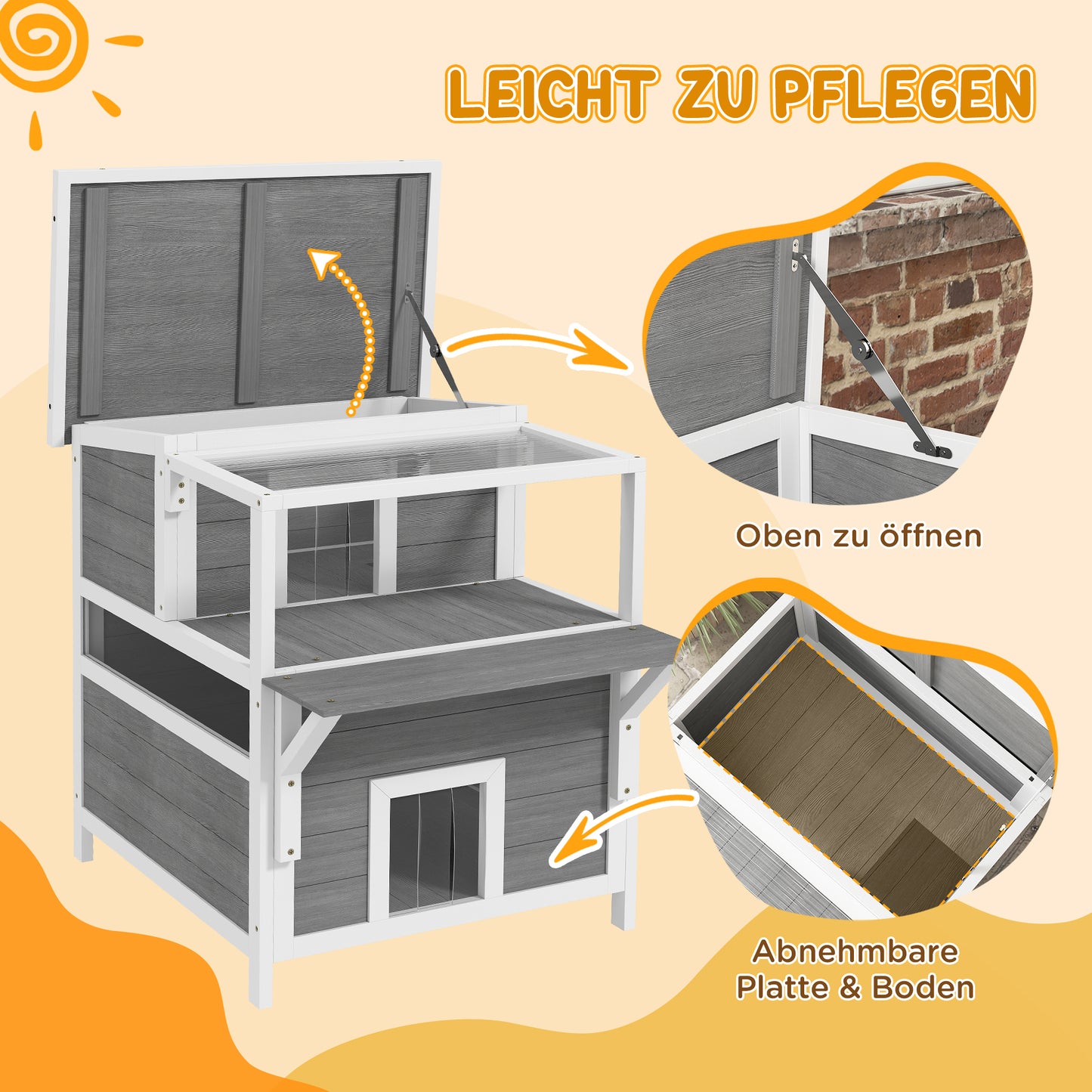 PawHut 2-stöckiges Katzenhaus mit Balkon, Wetterfeste Katzenhütte, Regen- und Sonnenschutz, für drinnen und draußen, Hellgrau