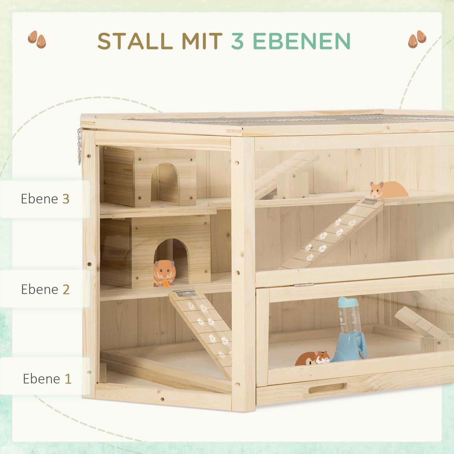 PawHut Kleintierkäfig, Nagerkäfig, Nagerheim mit 1 Rampe, 1 Wippe, herausnehmbare Bodenwanne, Tannenholz, Natur