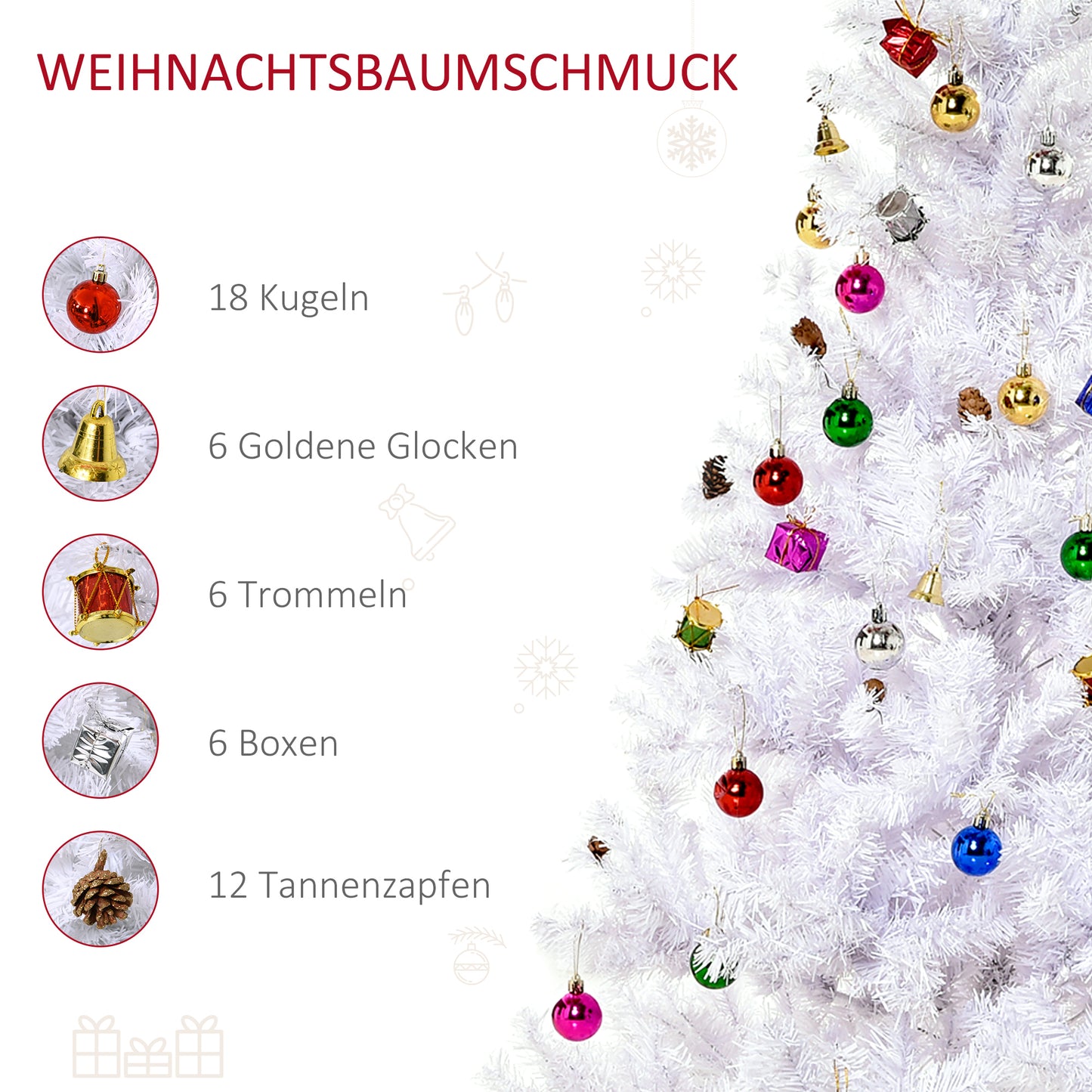 HOMCOM Künstlicher Weihnachtsbaum 150 cm künstlich Tannenbaum mit Kugeln, Glocken, Trommeln, Geschenkboxen, Christbaum mit 680 Spitzen, 12 Tannenzapfen Weihnachtsdeko inkl. Metallständer für drinnen