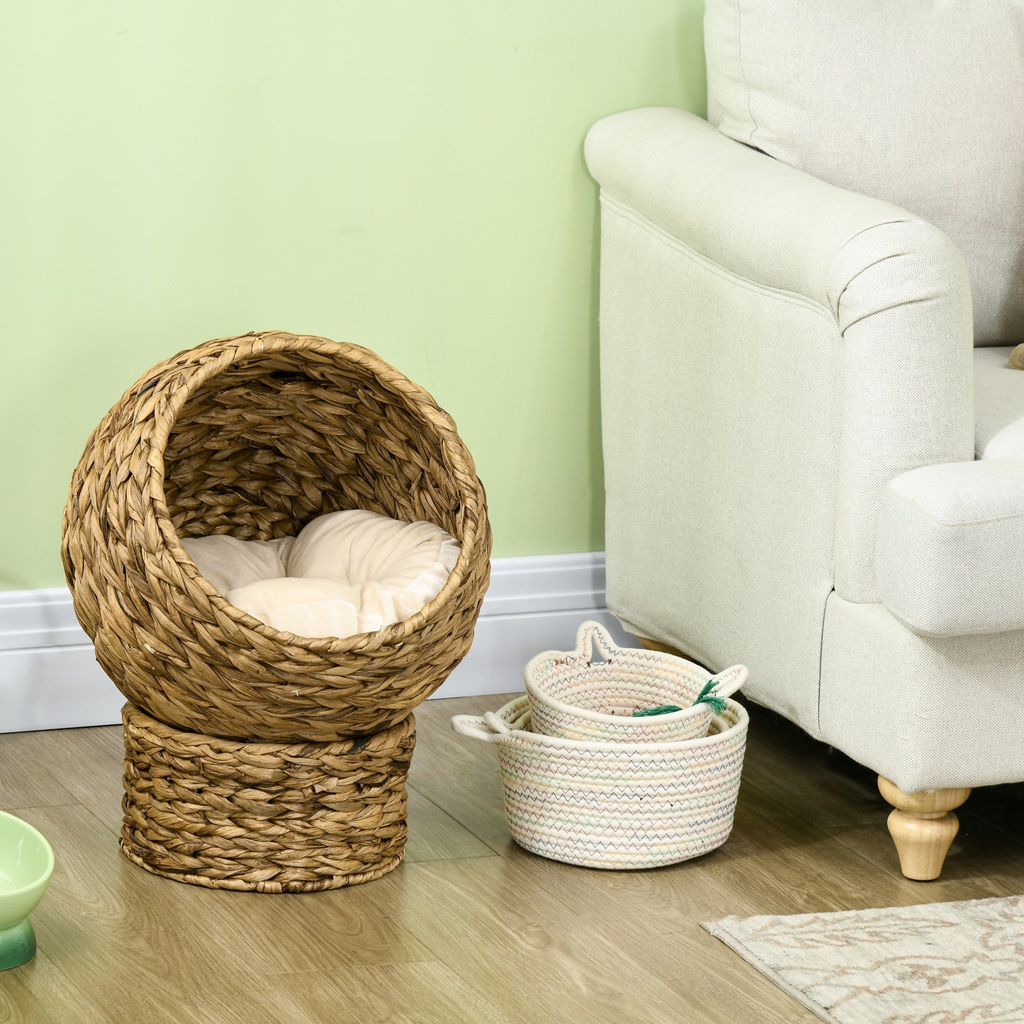 PawHut Rattan Katzenkorb Katzenhöhle Katzenhütte Katzenbett mit Kissen Haustierbett Wasserhyazinthe Braun 40 x 37 x 51 cm