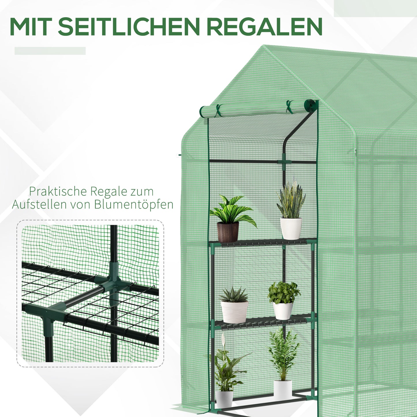Outsunny Foliengewächshaus begehbares Gewächshaus mit 8 Regalebenen Tomatengewächshaus Treibhaus Frühbeet mit Tür Grün Stahl PE-Kunststoff 143 x 138 x 195 cm