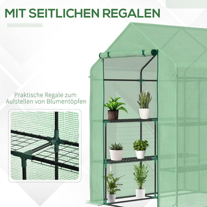 Outsunny Foliengewächshaus begehbares Gewächshaus mit 8 Regalebenen Tomatengewächshaus Treibhaus Frühbeet mit Tür Grün Stahl PE-Kunststoff 143 x 138 x 195 cm