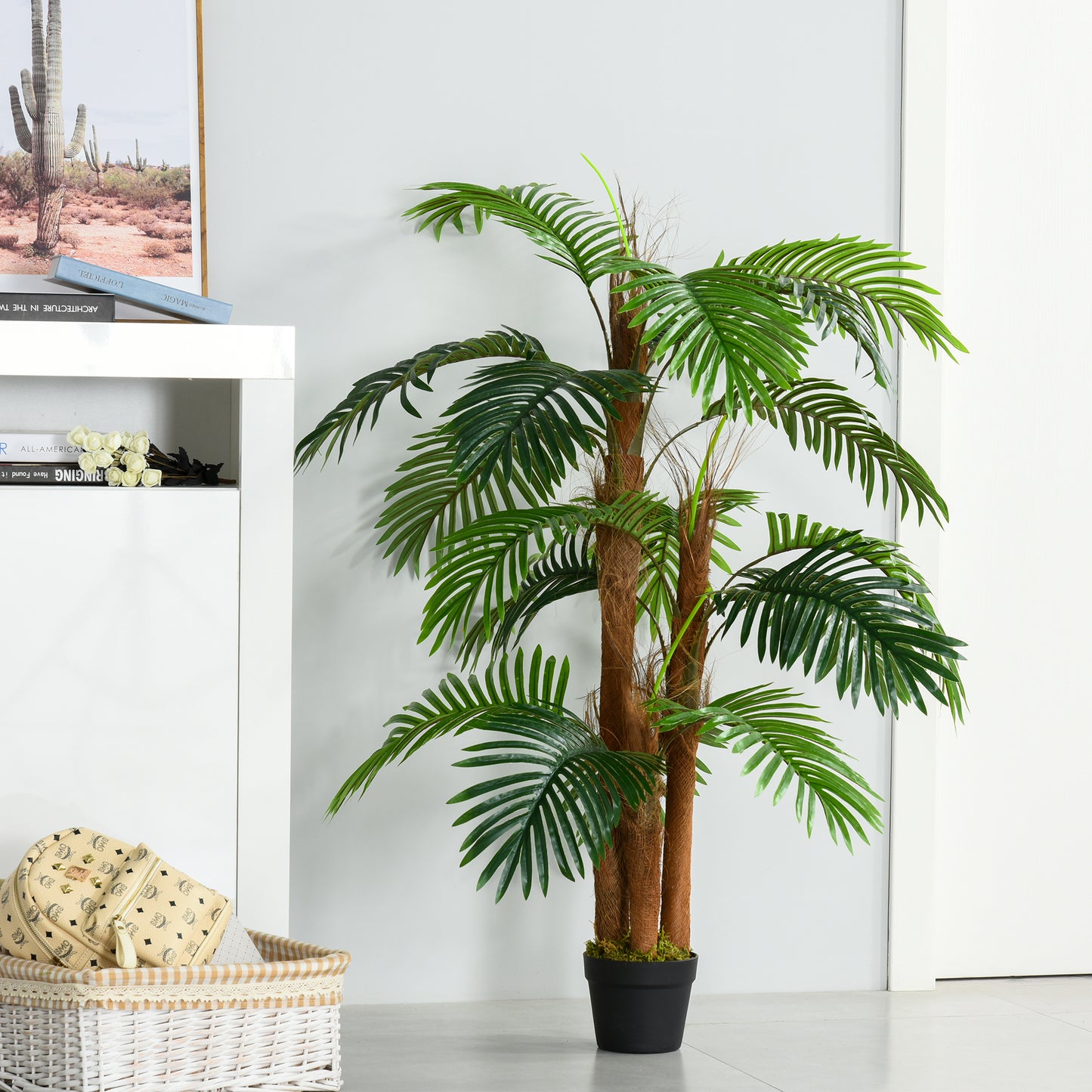 Outsunny künstliche Pflanzen 120 cm künstlicher Palmen Palme Kunstpflanze Kunstbaum Kunstpflanzen im Topf Zimmerpflanze Dekopflanze Büropflanze Kunststofftopf für drinnen und draußen
