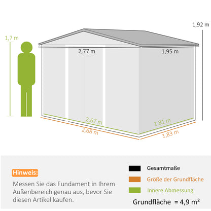 Outsunny Geräteschuppen aus Metall mit Schiebetüren und Belüftungsfenstern، 277 × 195 × 192 سم، غراو