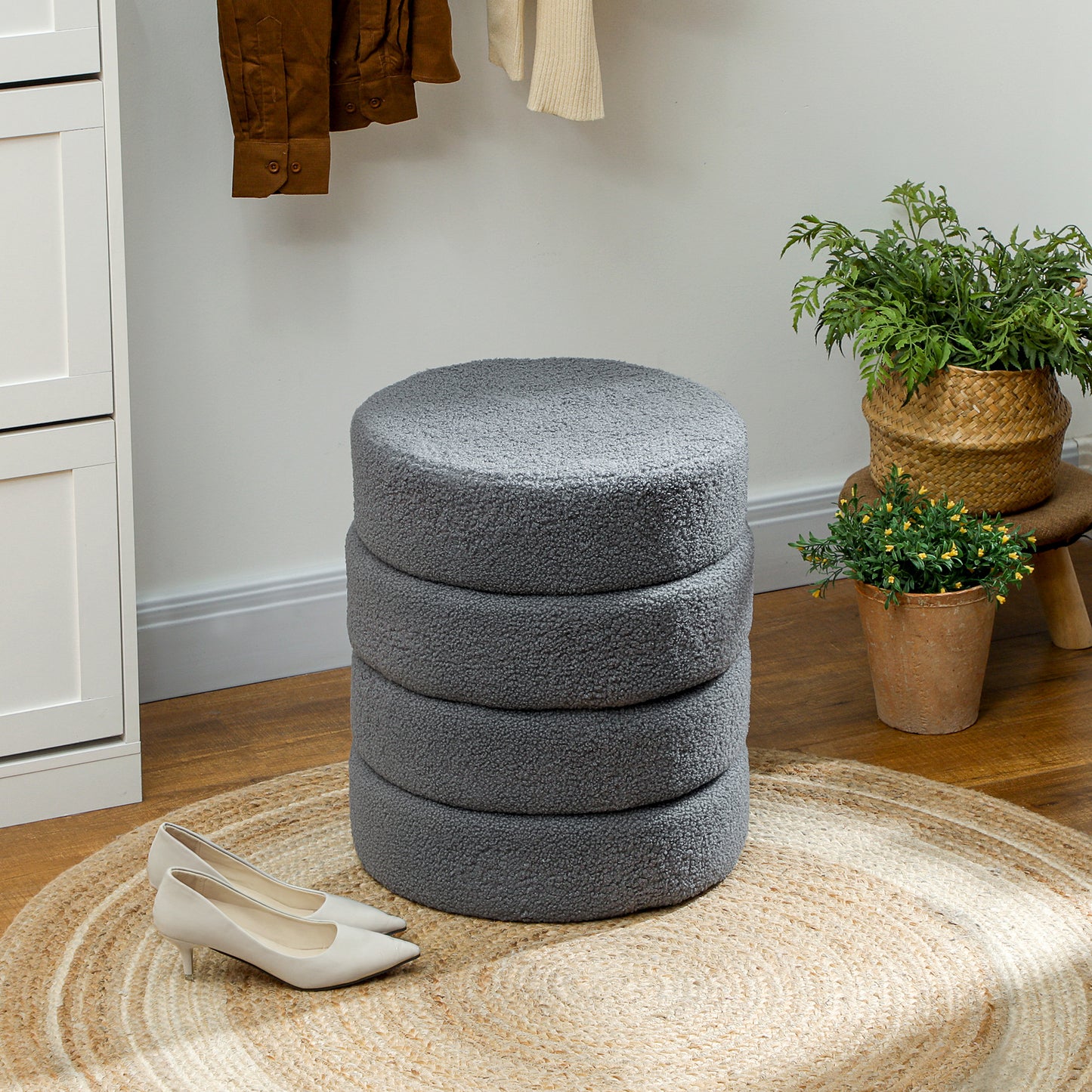 HOMCOM Hocker, rund, Teddyfleece, bis 120kg, Φ40x45H cm, Dunkelgrau