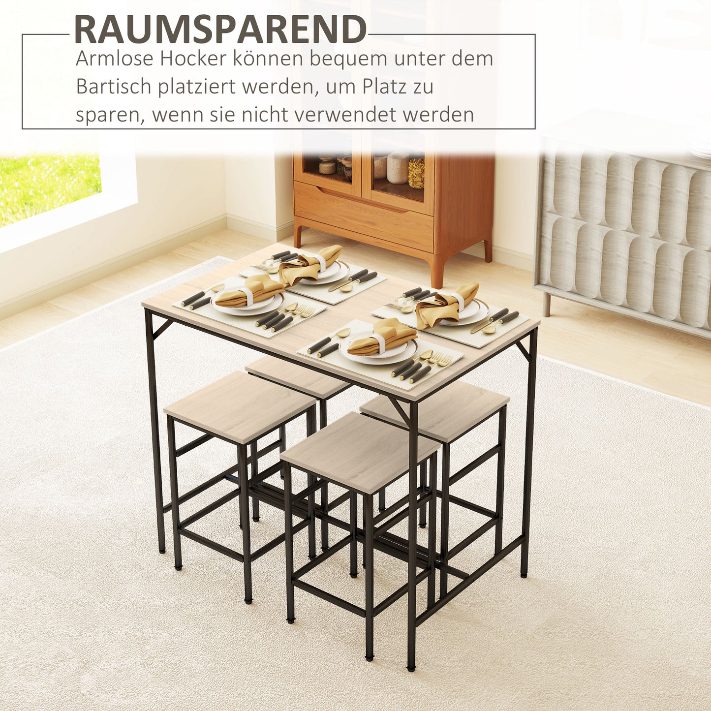 HOMCOM Bartisch-Set Stehtisch mit 4 Barhockern 5-teiliges Tischset Stahl Eiche