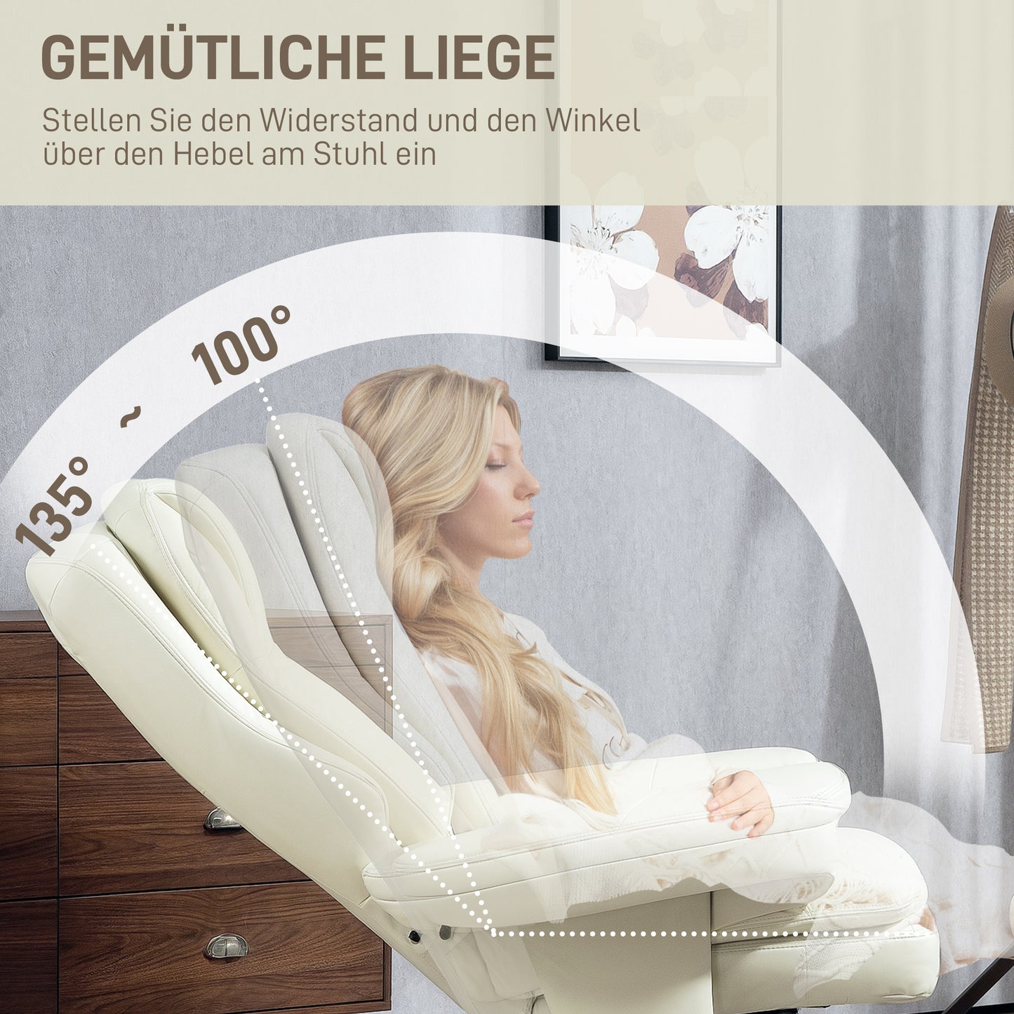 HOMCOM Relaxsessel mit Hocker, Liegefunktion, Drehbarer TV-Sessel mit Holzsockel, bis 150 kg belastbar, Kunstleder, Cremeweiß