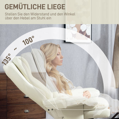 HOMCOM Relaxsessel mit Hocker, Liegefunktion, Drehbarer TV-Sessel mit Holzsockel, bis 150 kg belastbar, Kunstleder, Cremeweiß