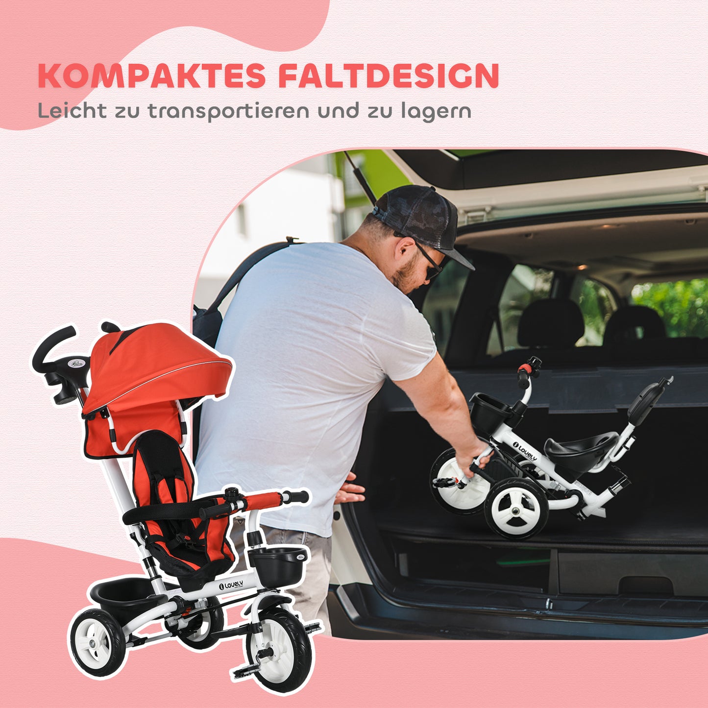 HOMCOM 6-in-1 Kinderdreirad mit Schiebestange, Dach, Gurt, Ablagekorb, 18+ Monate, Rot