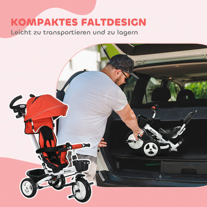 HOMCOM 6-in-1 Kinderdreirad mit Schiebestange, Dach, Gurt, Ablagekorb, 18+ Monate, Rot
