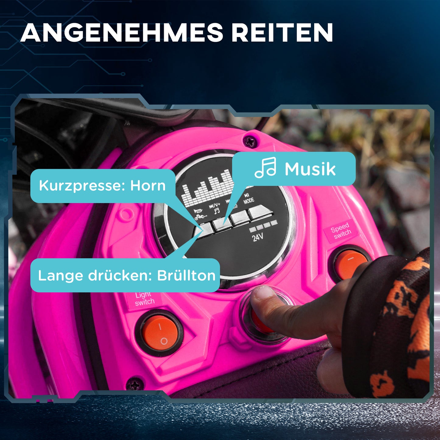 HOMCOM Elektro-Motorrad für Kinder, 24V Kindermotorrad mit Hupe, Leuchte, mit Drehgriff-Gashebel, 8-16 km/h, 8-12 Jahre, Rosa