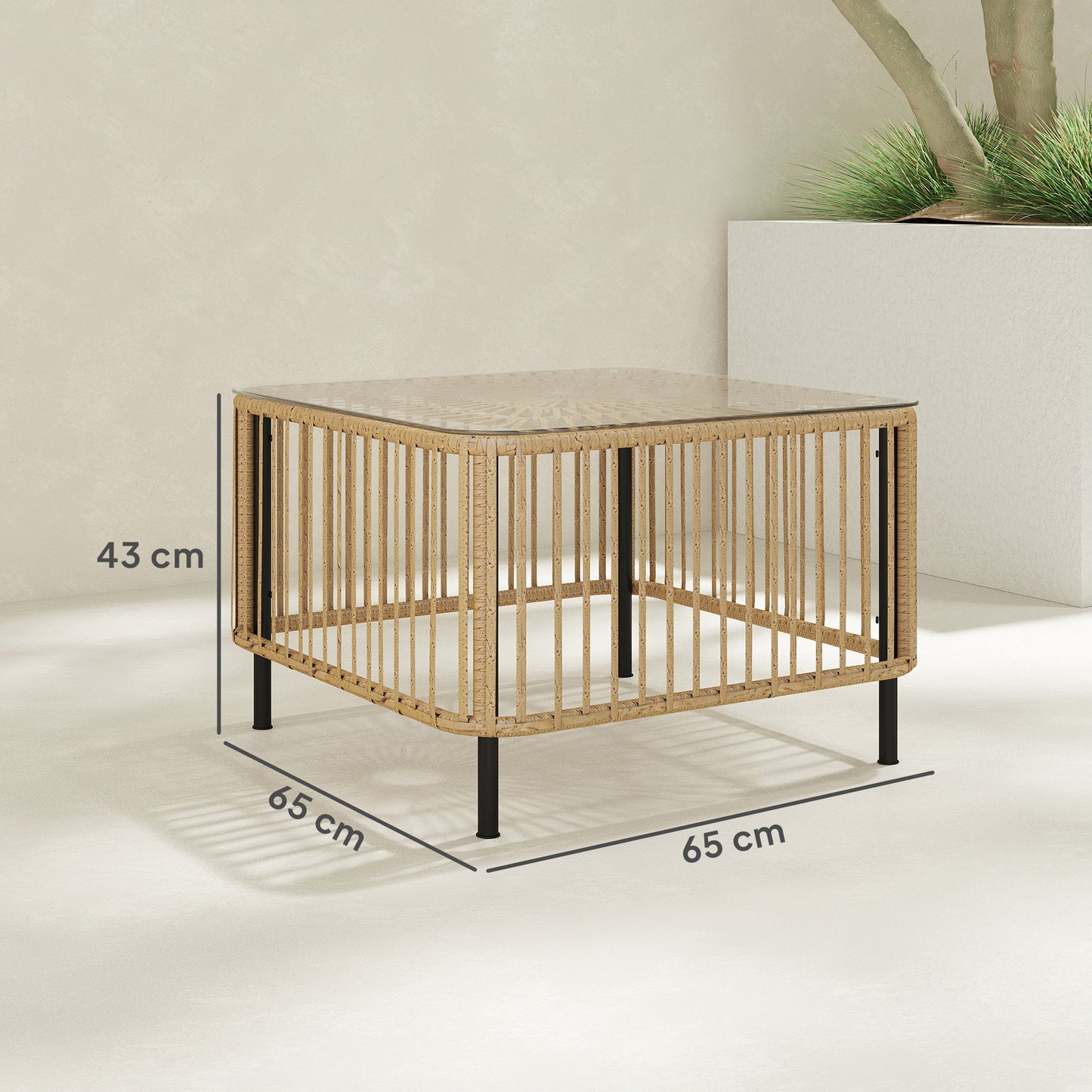 Outsunny Polyrattan Gartentisch, 65 x 65 x 43 cm, wetterfest Beistelltisch quadrarisch mit Glasplatte Naturholz