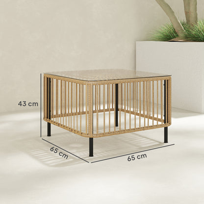 Outsunny Polyrattan Gartentisch, 65 x 65 x 43 cm, wetterfest Beistelltisch quadrarisch mit Glasplatte Naturholz